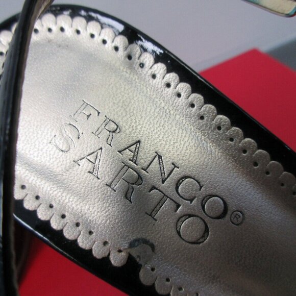Franco Sarto Square-Toe Wood Heel Sandals Women 7.5 Black Patent Leather y2k 332 - Picture 4 of 12